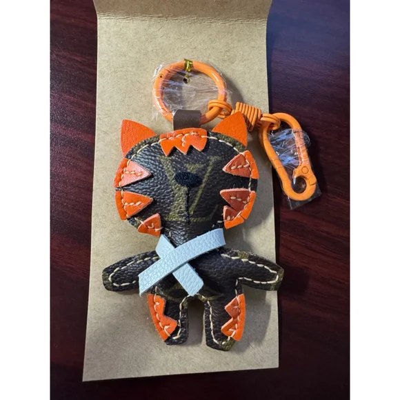 Upcycled Designer Canvas Kitty Keychain Bag Charm Orange Leather One of a Kind - Picture 4 of 6